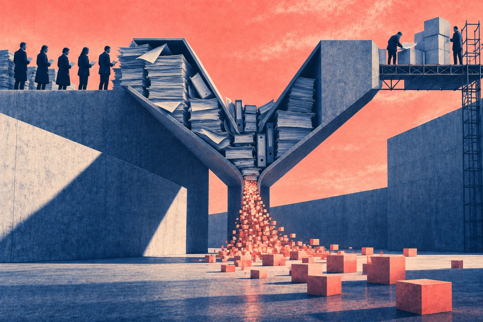 Illustration éditoriale pour « L'IA déplace le besoin, le marché public le fige »