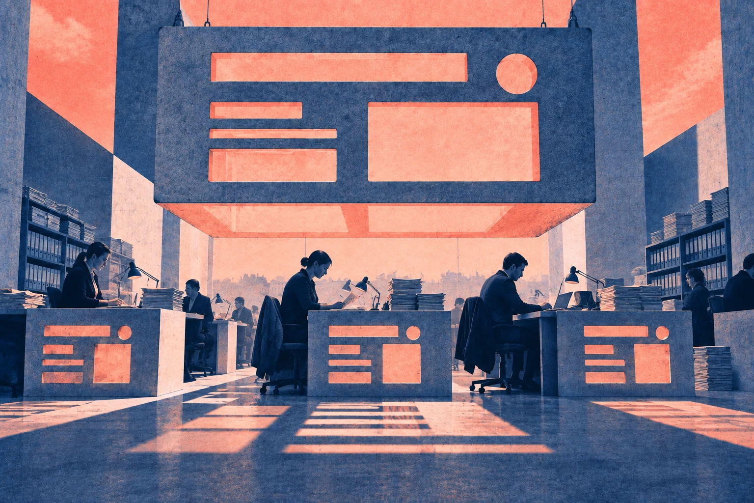 Illustration éditoriale pour « Le design de l'État écrit à la place des agents : le DSFR comme architexte de verrouillage »