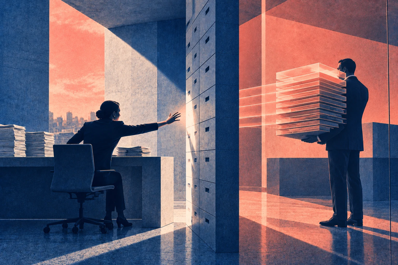 Illustration éditoriale pour « Quand l'IA répond à l'IA, l'acheteur perd la main »