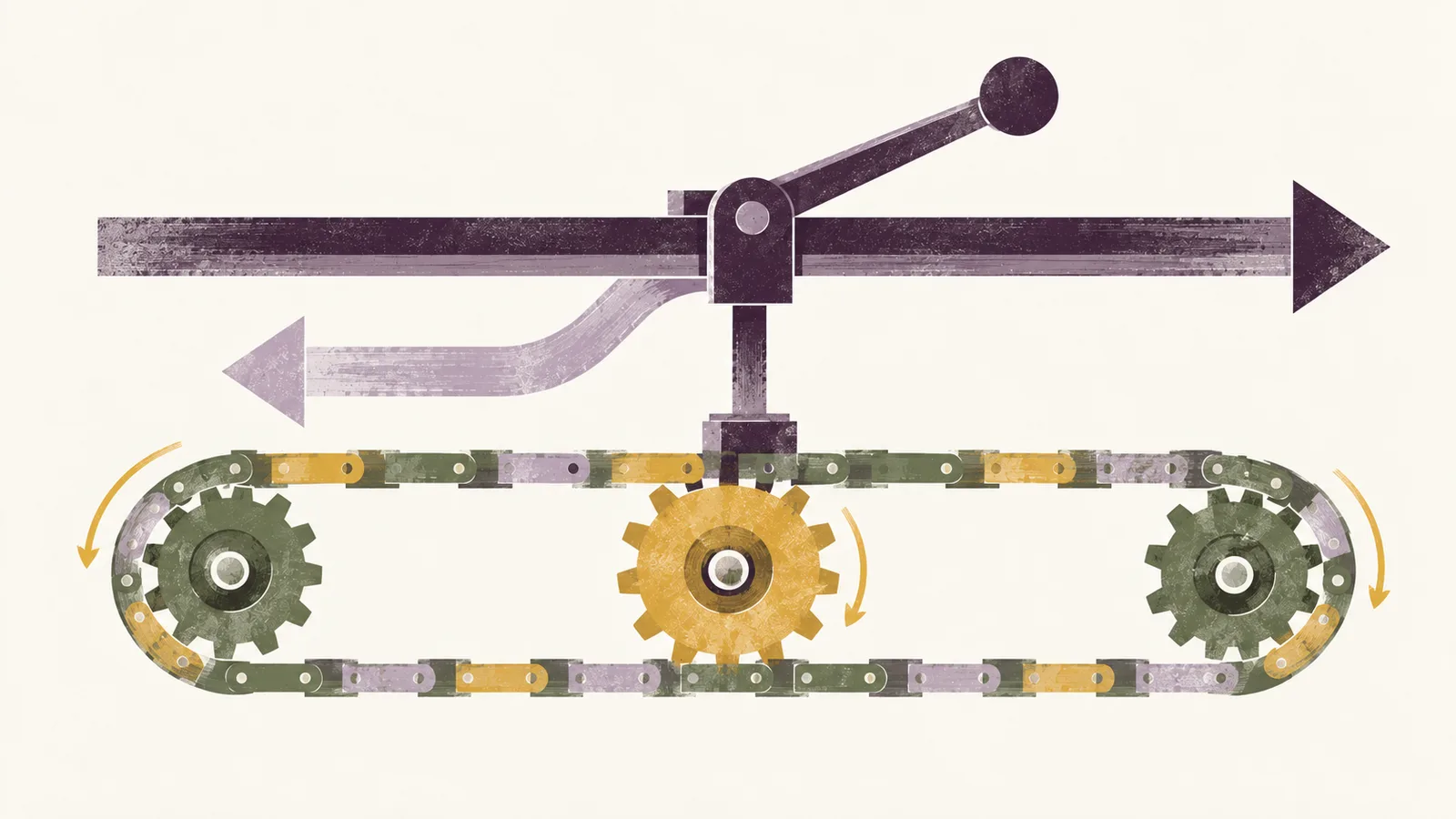 Une boucle de petits rouages alimente un rail rectiligne dont l’aiguillage reste tenu par un levier supérieur.