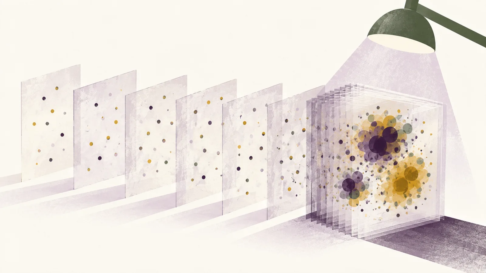 Des feuilles de registre translucides portant chacune quelques points épars ; empilées sous une lampe, leurs points se superposent en quelques taches denses et sombres.