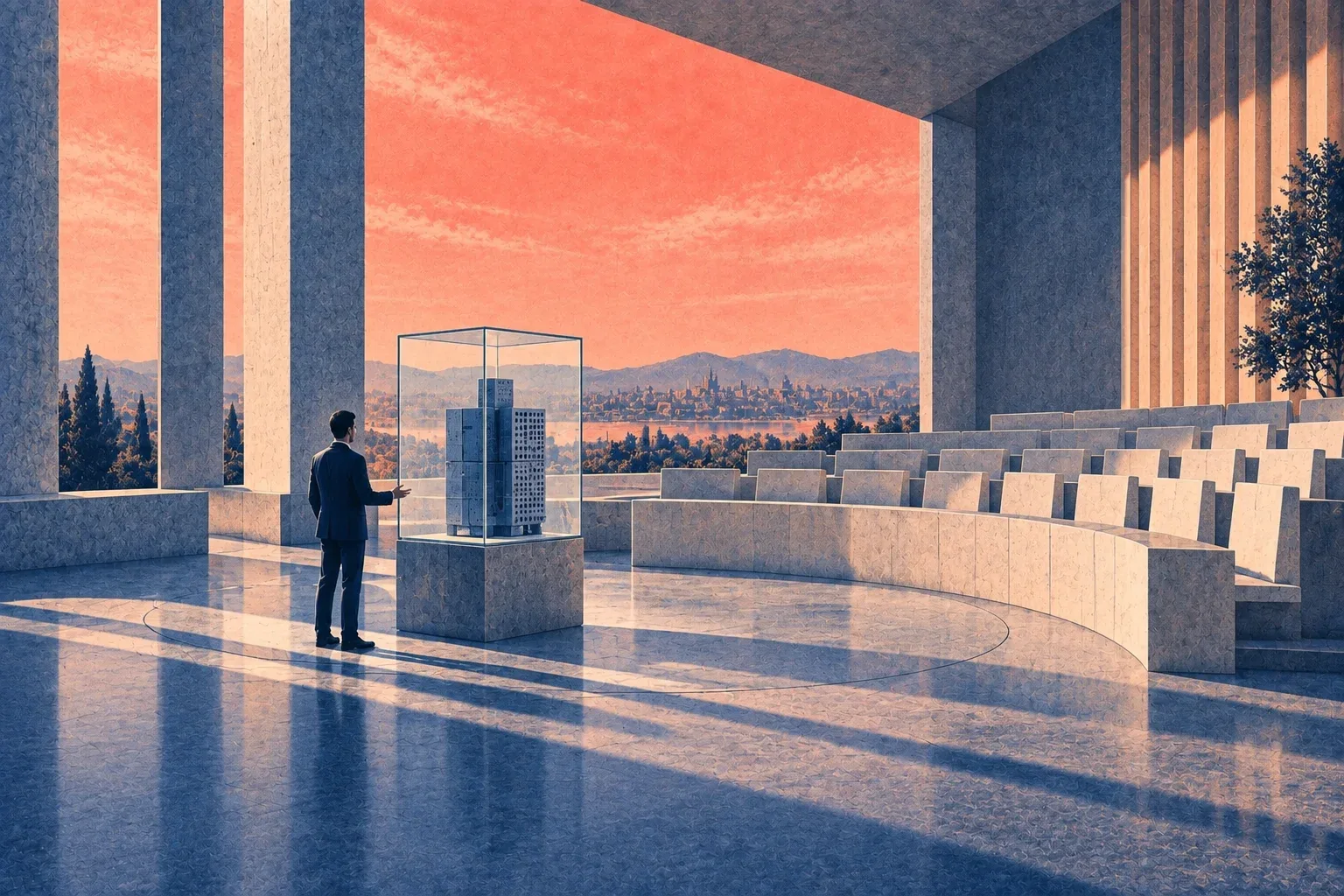Un présentateur expose un prototype sous verre face aux sièges vides d'une salle d'audience monumentale, éclairée par un ciel corail.