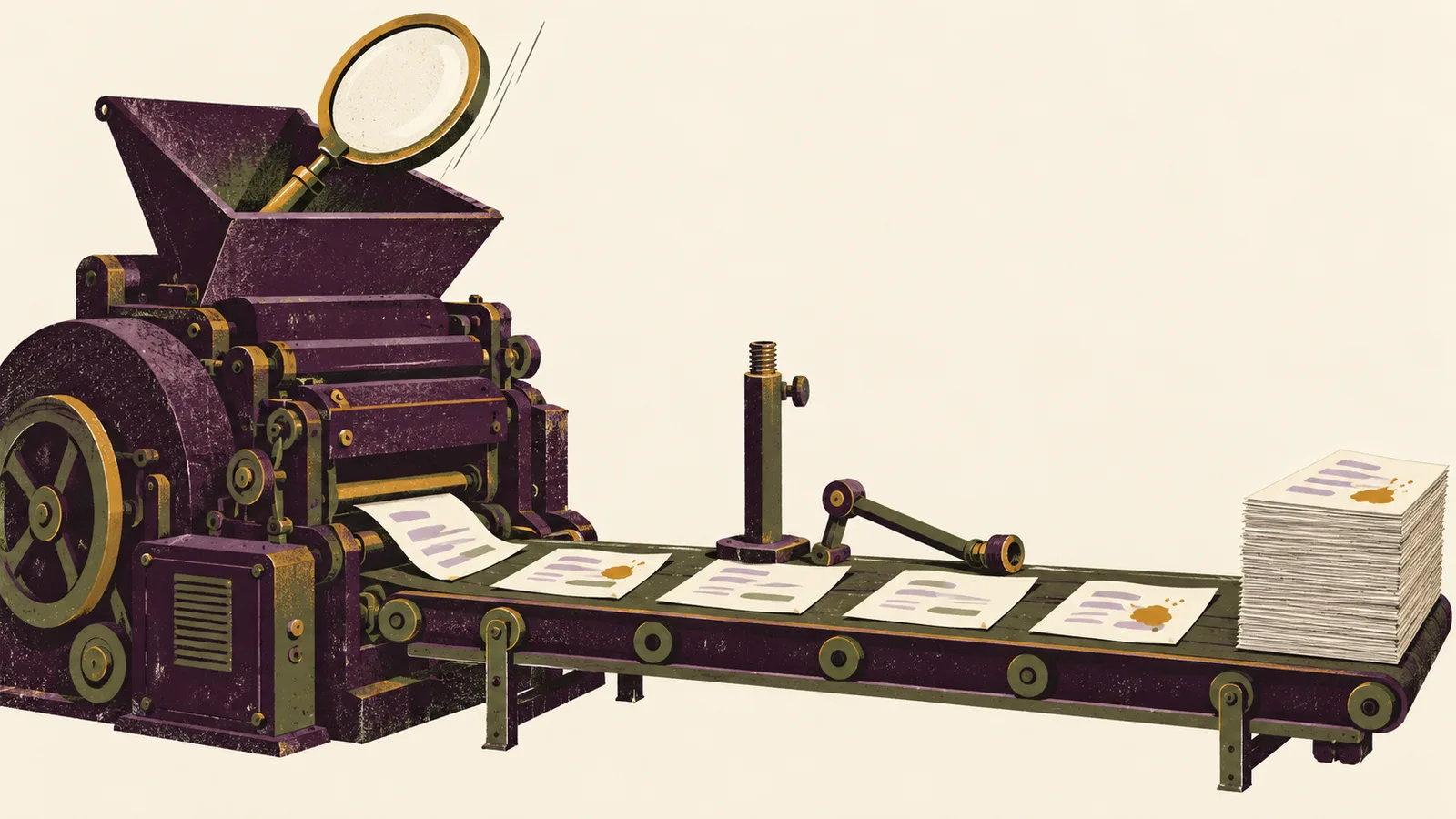 Une machine d'impression produit des feuilles tachées d'erreurs sur un tapis roulant ; le pied du poste de relecture est resté vide, et sa loupe a été jetée dans la trémie qui alimente la machine.
