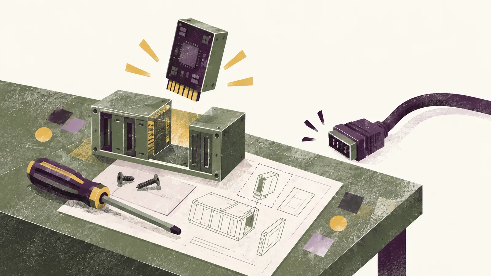 Un module informatique est assemblé sur un établi, avec plan et tournevis, à côté d’un câble extérieur débranché.