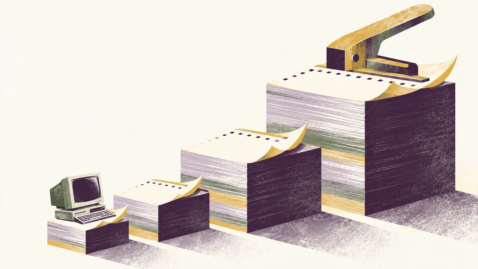 Un vieil ordinateur de bureau posé sur un petit bloc de feuillets de calendrier, au pied d’un escalier de blocs dont chacun double de taille, le plus grand surmonté d’une agrafeuse.