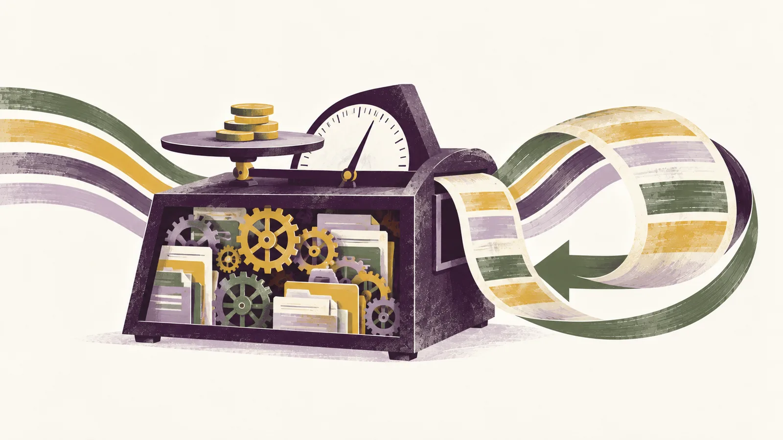 Une balance ne mesure que les pièces visibles d’une machine pleine de rouages et de dossiers, tandis qu’un contrat revient en boucle dans son mécanisme.