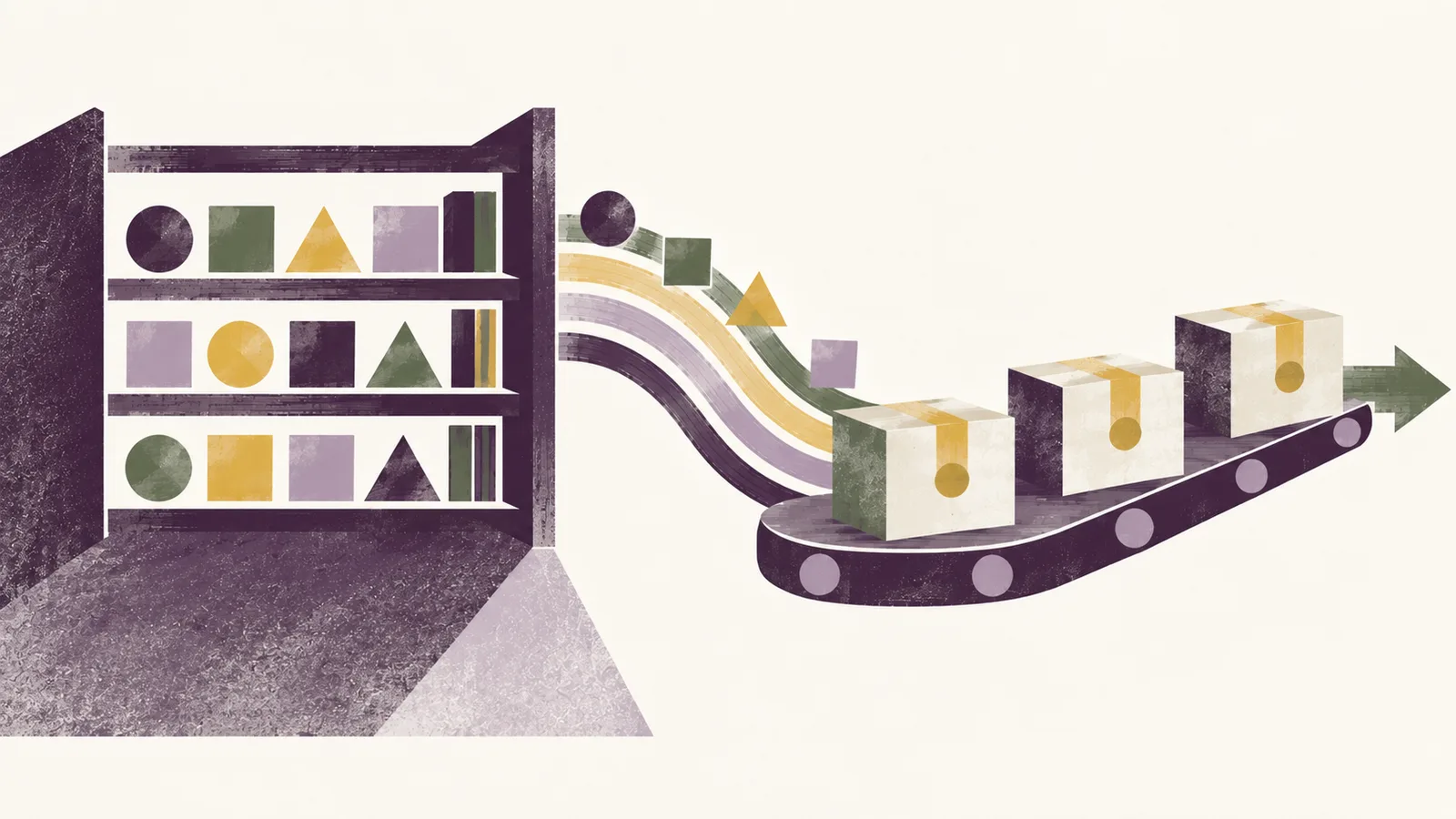 Des modules rangés sur une étagère sont acheminés vers des colis scellés et un circuit de distribution.